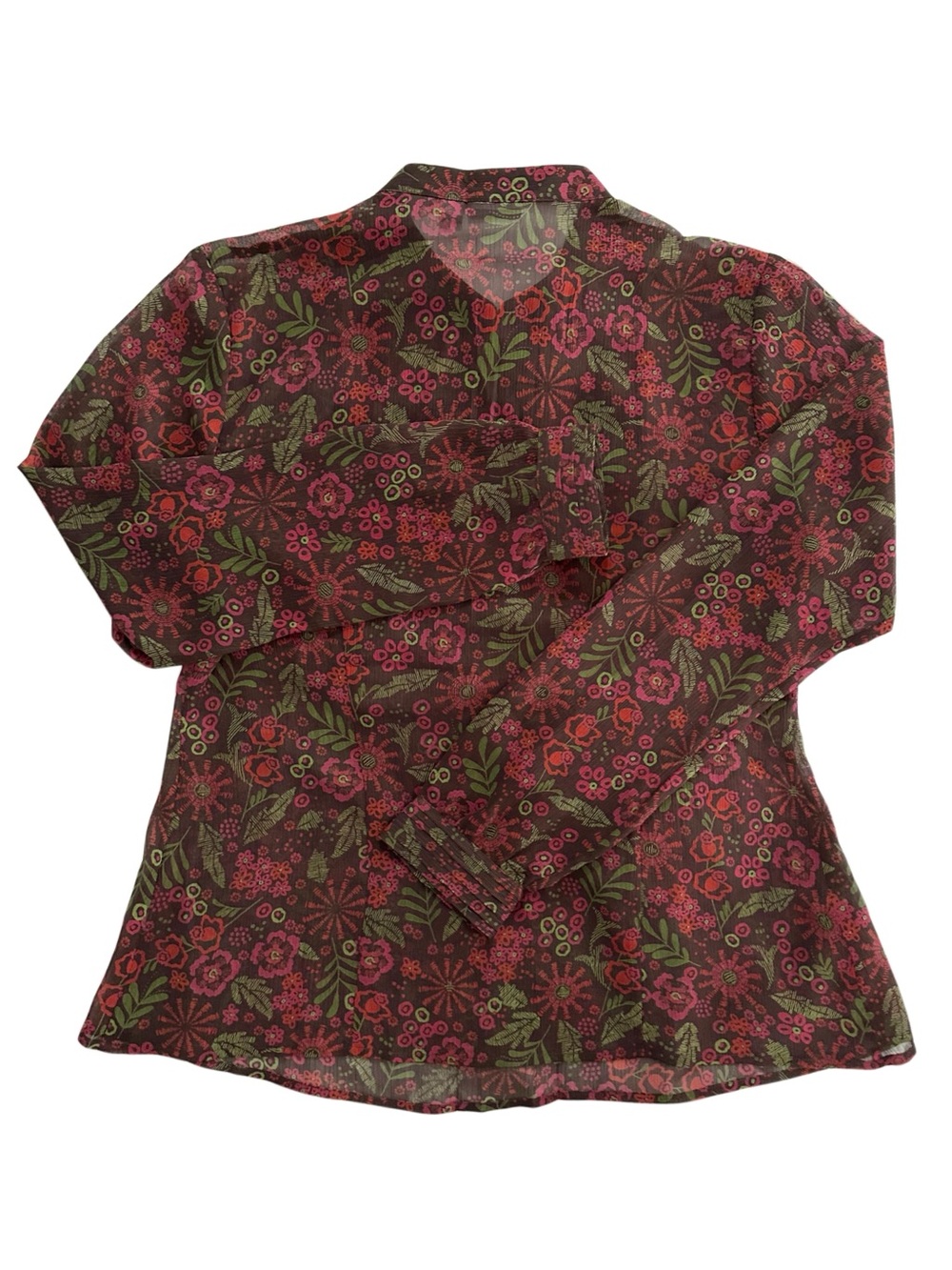 Apt 9 Floral Sheer Blouse Velvet Trim Pintuck Long Sleeve Brown Pink L - Picture 9 of 11